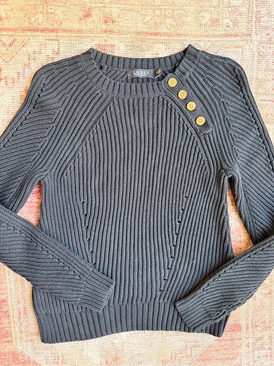 Lauren Ralph Lauren Sweaters - Lauren Ralph Lauren Charcoal Gray Ribbed Crewneck Sweater with Button Accent